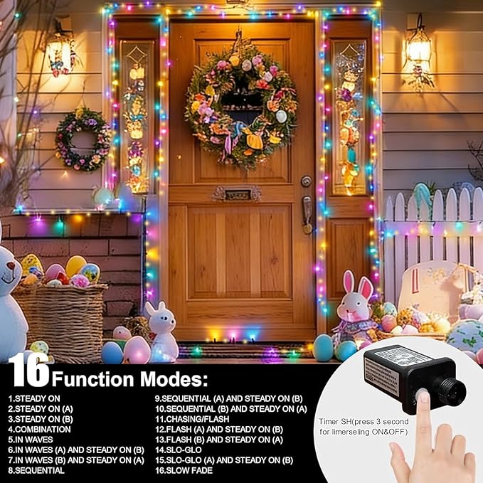 LAMPHOME 33ft Easter String Lights Plug in, 100 LED Pastel Twinkle Fairy Lights Green Wire, 16 Modes Easter Outdoor Indoor Decorations for Tree Christmas Wedding Party(Warm+Multicolor)