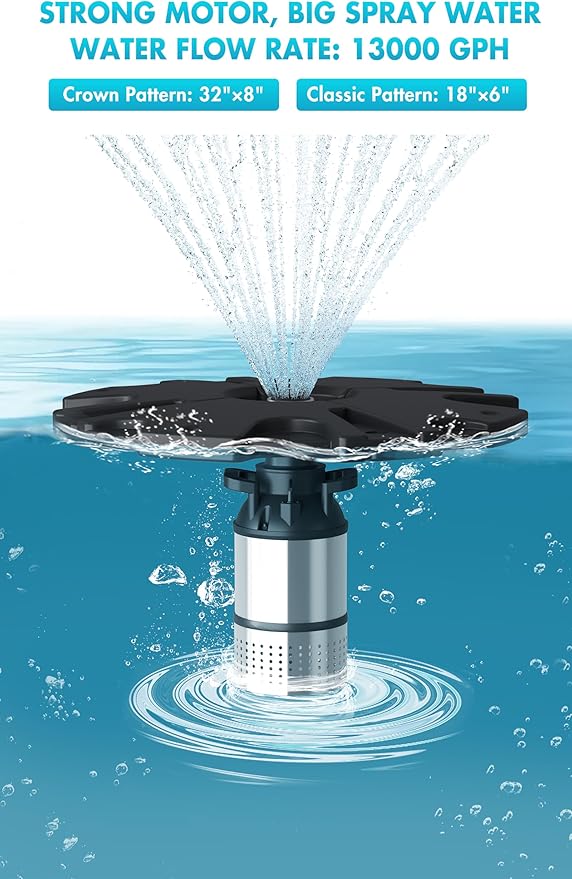 HQUA-FS01 110V, 1/2HP, OD(φ) 32” Large Pond Floating Fountain with 13000 GPH Fountain Pump, 100’ Power Cord, Two Spray Patterns 32'×12' and 18'×6'