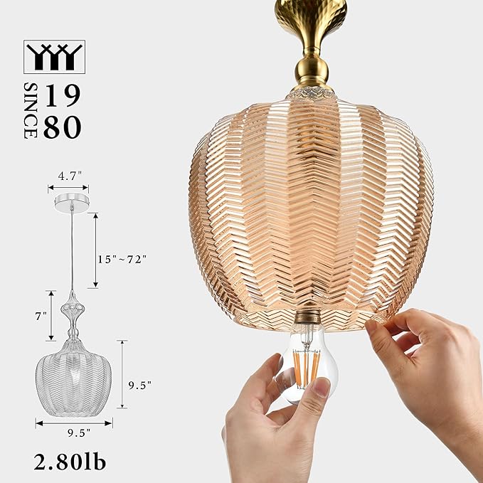 Modern Glass Pendant Light, 9.5"x16.5" Amber Sunset-Striped Light Fixture with Gold Cap, 15"-72" Adjustable Line, E26 Socket for Kitchen Island or Hallway – Sunset Gold Tulip