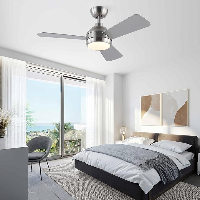 42 Inch Ceiling Fans with Lights and Remote, Modern Brushed Nickel Ceiling Fan with Light, DC Reversible, 6 Speeds, 3CCT, Dimmable, 3 blades, Bedroom, Indoor/Outdoor Patios Use