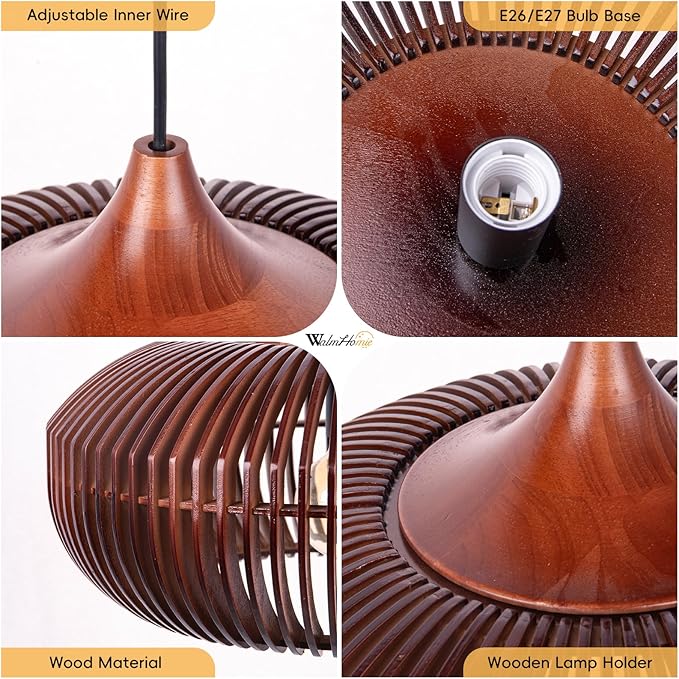 Wooden Pendant Lights, 16.89" 1-Light Wood Chandelier Coffee Lampshade Ceiling Fixture with Lamp Shade, Coastal Hanging Lighting for Dining Room Kitchen Island