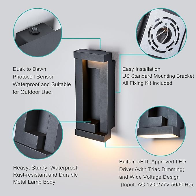 Dusk to Dawn Outdoor LED Wall Lights, Exterior Front Porch & Patio Light, Photocell Sensor Wall Sconce Lamp, IP65 Waterproof, Anti Rust Outside Lighting for House, Doorway, Garage