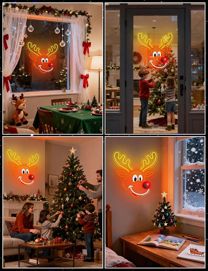 Christmas Elk Window Lights Decor Indoor, Deer Christmas Window Light Decorations for Holiday Indoor Bedroom Wall Door Glass Decorations (Elk)