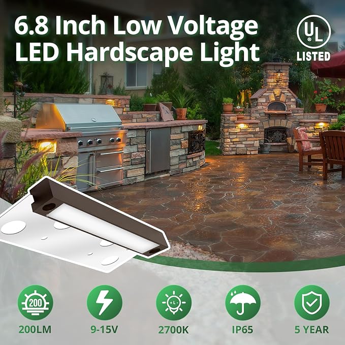 GKOLED 20-Pack Frosted Lens Hardscape Light, UL Listed, 6.8 Inches Long, Integrated 2700K LED Lighting Source, Landscape LED Step Lights, Solid Die-cast Aluminum Housing, Low Voltage 12V AC/DC