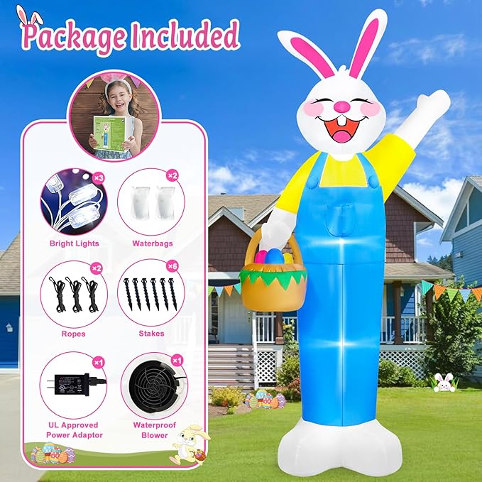 MICOCAH 12Ft Tall Giant Easter Inflatables Outdoor Decorations Lighted Inflatable Bunny Holds Easter Eggs Basket, Built in LEDs Rabbit Blow Up Yard Decor for Outside Lawn Garden Spring Holiday Party