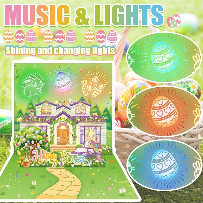 Easter Card, firework light and music for Pop Up Card, easter Greeting Cards with Envelope, Funny Easter gift For Family, Friend, Kids