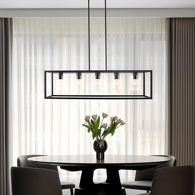Kalium Chandeliers for Dining Room, 5 Light Dining Room Light Fixture Modern Metal Industrial Kitchen Lighting Fixtures Easy Installation Pendant Lights for Bar Restaurant, Coffee Shop-E26 Base,Black