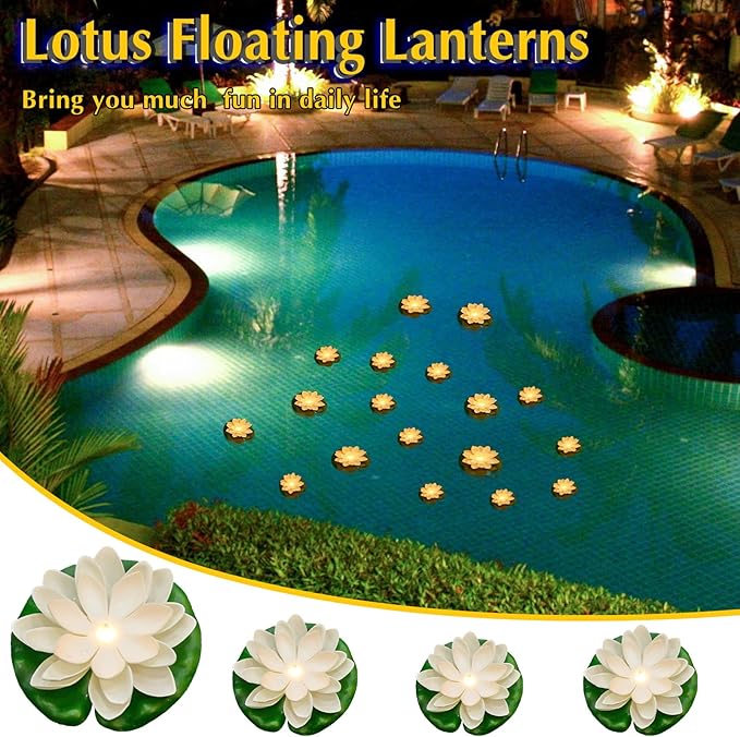 Hortsun 18 Pcs Floating Lotus Lights with Batteries Lily Pads Pool Flowers Floating Candles Decor Artificial Pond Plants Decorations for Pool Pond Outdoor Indoor (White,3.94/5.91 Inch)