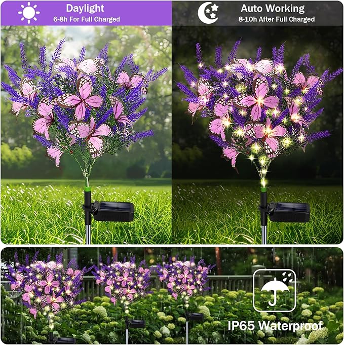 Solar Garden Lights Outdoor, 2 Pack Solar Butterfly Lights Purple Lavender Gardening Gifts for Women, Artificial Flower with Butterfly Purple Garden Decor for Lawn Patio-Warm White