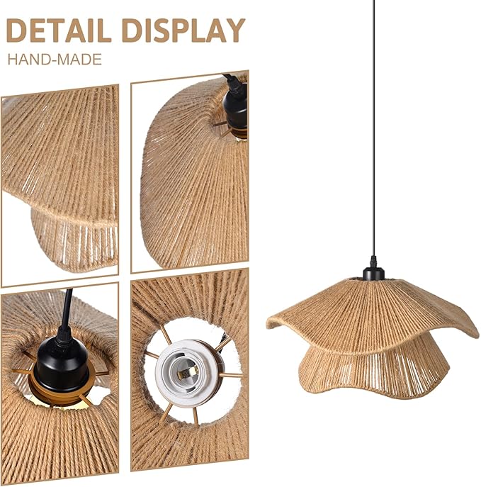 Arturesthome Rustic Pendant Light Fixture, Woven Jute Rope Lampshade Coastal Hanging Lighting, Adjustable Vintage Farmhouse Chandelier Lamp Shade for Kitchen Island Dining Room