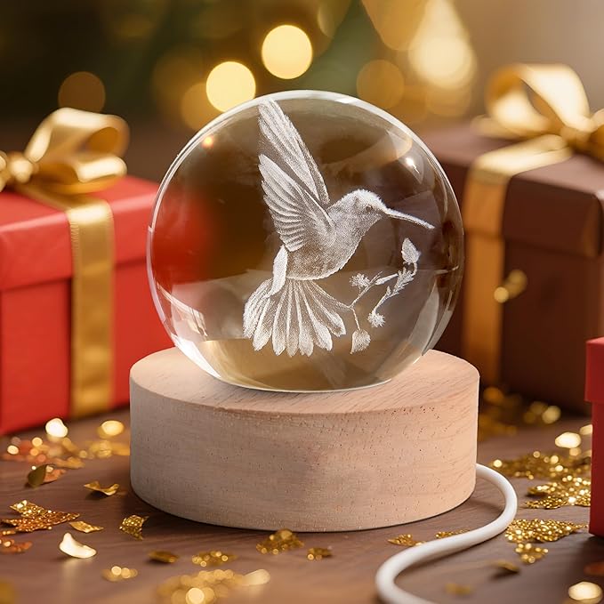 3D Laser Engraved Bird Crystal Ball with LED Stand, 60mm Hummingbird Figurine Lamp Night Light, Glass Hummingbird Globe Paperweight Gift