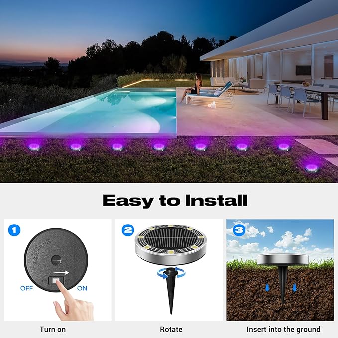 Peasur Solar Ground Lights Outdoor, 12 Pack Flat Solar Powered Disc Lights, IP68 Waterproof, Anti-Rust, Landscape Lighting for Pathway Garden Yard Lawn Walkway Landscape Driveway, Purple
