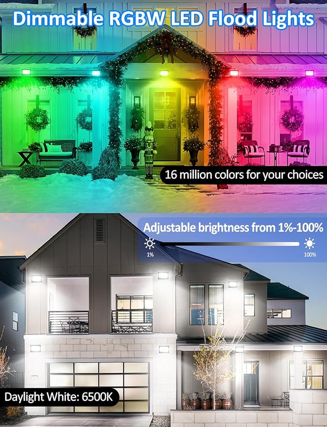 RGB LED Flood Light Outdoor 300W Equivalent, 30W Bluetooth RGBCW Smart Floodlights 2700K, 16 Million Color Changing, Timing, Music Sync, IP66 Waterproof Landscape Lighting with US Plug (4 Pack)
