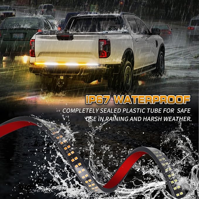 XRIDONSEN 48 inch Truck Tailgate Strobe Lights Strip Rear Window Lights 288 LED Tail Emergency Light Bar Amber White Flashing Warning Hazard Safety for Plow Trucks Construction Vehicles Pickup Trailer