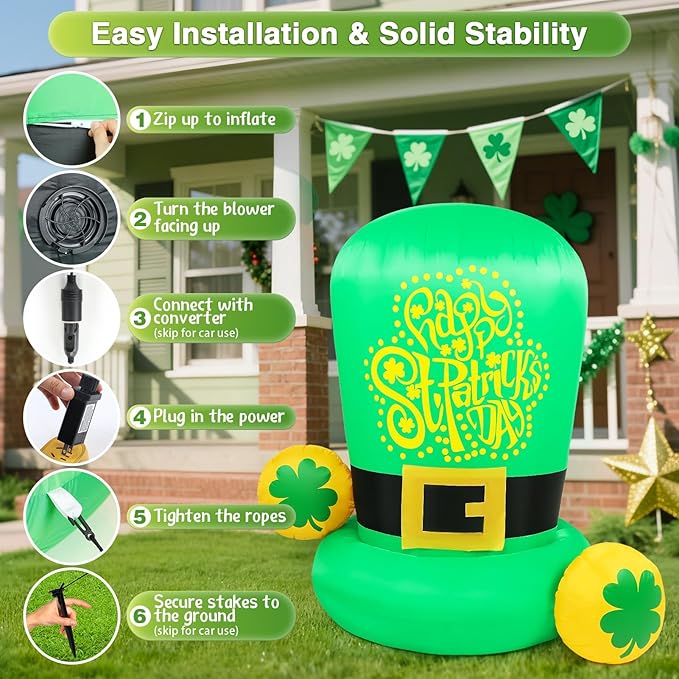 St Patricks Day Inflatables Outdoor Decorations 5FT Green Leprechaun Hat Blow Up Yard Car Roof Saint Patrick's Hats with Shamrock Party St. Pattys Inflatable Holiday Garden Patio Décor