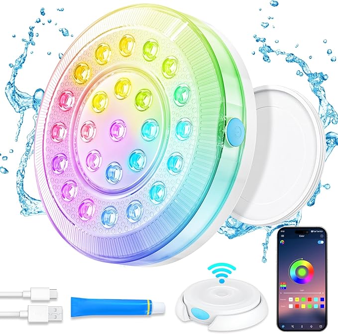 Homly Rechargeable Submersible Pool Lights with Wireless APP Control, Waterproof Underwater Smart LED Lights Controlled Multiple Lighting Modes, 4000mAh Magnets Lights for Multi Scene Pool Decoration