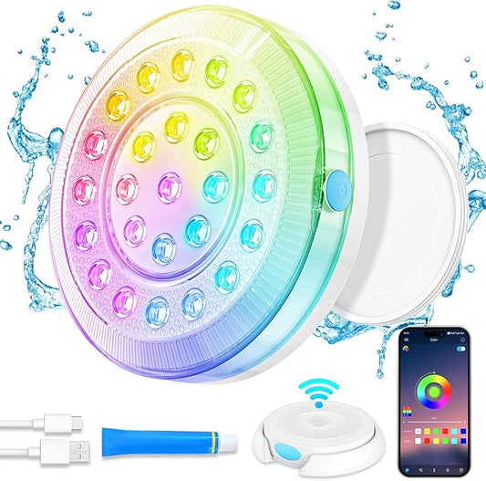 Homly Rechargeable Submersible Pool Lights with Wireless APP Control, Waterproof Underwater Smart LED Lights Controlled Multiple Lighting Modes, 4000mAh Magnets Lights for Multi Scene Pool Decoration