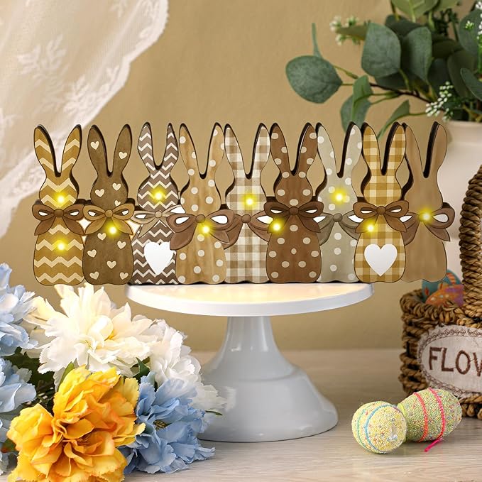 Yousoontic Rustic Easter Bunny Decor with LED Lights, 9-piece Wooden Plaid Bunny Centerpiece, Farmhouse Vintage Brown Rabbit Sign for Mantel, Tiered Tray, Dining Table and Spring Home Decoration