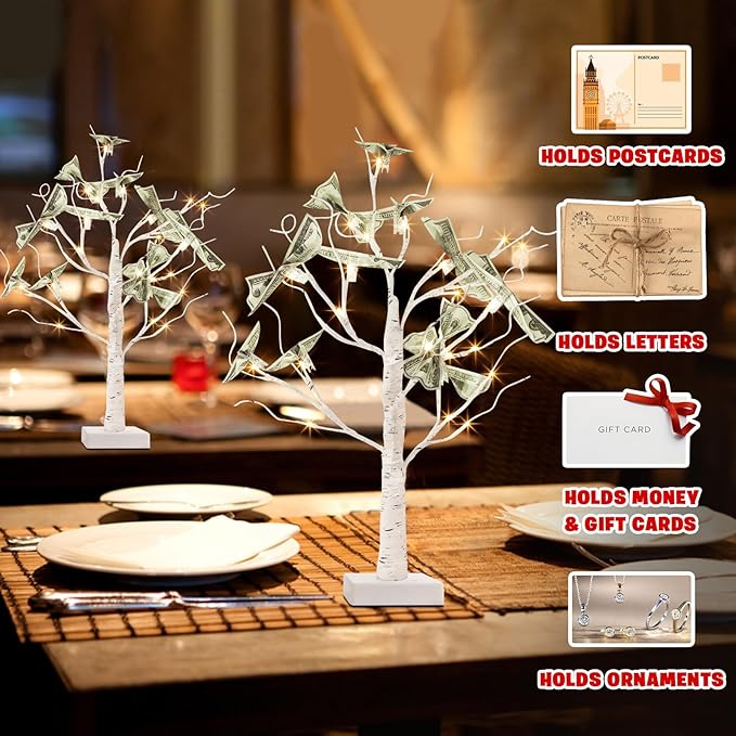 PEIDUO Set of 2 Money Trees, Lighted 22Inch 24LT White Birth Tree with Clips and Greeting Cards, Gift Card Holder for Birthday,Christmas, Wedding, Father's Day Graduation Gifts, Money Tree Gift Holder