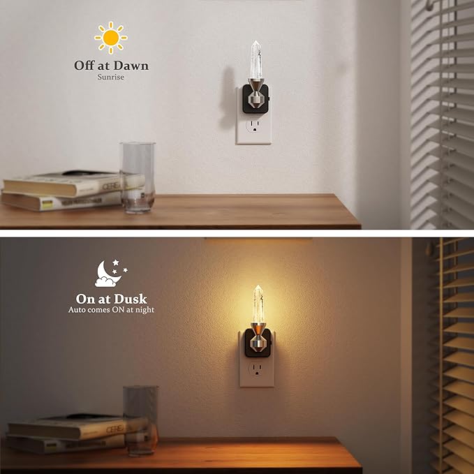 JandCase LED Night Light with Clear Quartz Healing Crystal Tower, Dimmable Night Lights Plug into Wall, Warm Light 3000K, Dusk to Dawn Sensor Nightlights for Home Living Room Bedroom Decor