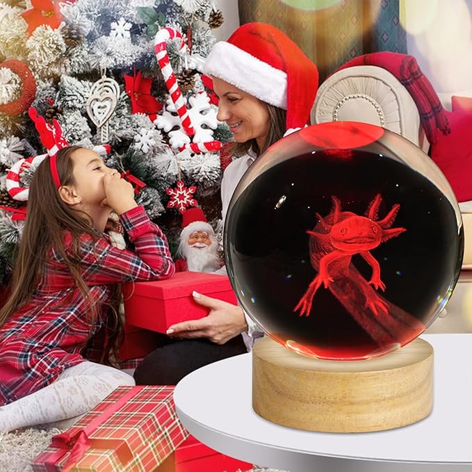 3D Axolotl Crystal Ball Night Light, Upgraded 3.15 Inch Glass Ball Lamp with 16 Color LED Wooden Base, Axolotl Decor Birthday Holiday Christmas Gifts for Boys Girls Friends (Axolotl-1)
