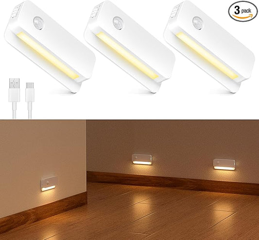 3 Pack Motion Sensor Night Light, Rechargeable Stair Lights Indoor, Warm White Motion Sensor Light Indoor, Battery Operated Night Light for Hallway, Stairway, Bathroom, Bedroom, Kitchen