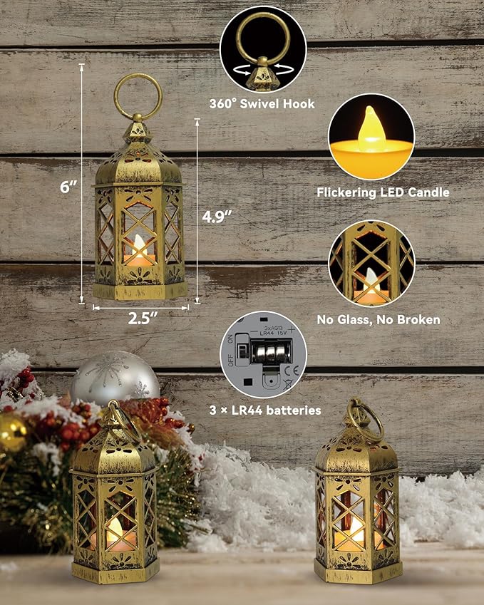 8-Pack Mini Lanterns with Flickering LED Candles for Ramadan, Small Decorative Hanging Lanterns for Halloween, Christmas, Wedding, Gold Lantern for Table Centerpiece, Garden Party Decor