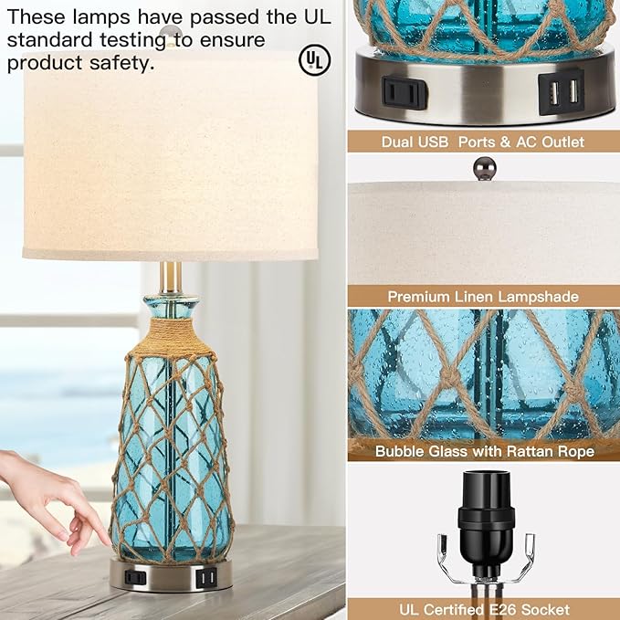Coastal Glass Table Lamps, 3-Way Dimmable Touch Control Bedside Lamps with 2 USB Ports and AC Outlet, Teal Nautical Nightstand Lamps for Bedroom Living Room (LED Bulbs Included)