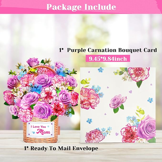 Mothers Day Card With Music & Lights, 3D Pop Up Mothers Day Gifts, Carnation & Rose, 10 Inch Life Sized Forever Flower Bouquet Birthday Card for Mom Wife Women Her