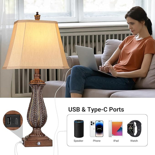 3-Way Dimmable Table Lamps for Bedrooms Set of 2, 30" H Touch Lamps for Living Room with USB & Type-C Ports, Brown Mermaid Bedside Lamp for Nightstand, Resin Farmhouse Rustic Lamp with 2 Bulb