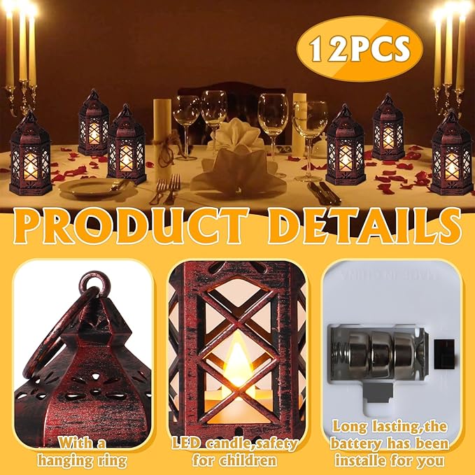 12-Pcs Mini Lanterns, Small Candle Lanterns Decorative, LED Tea Light Lantern Ramadan Decorations, Hanging Lantern, Centerpiece for Wedding Table, Battery Included(Rose Gold)