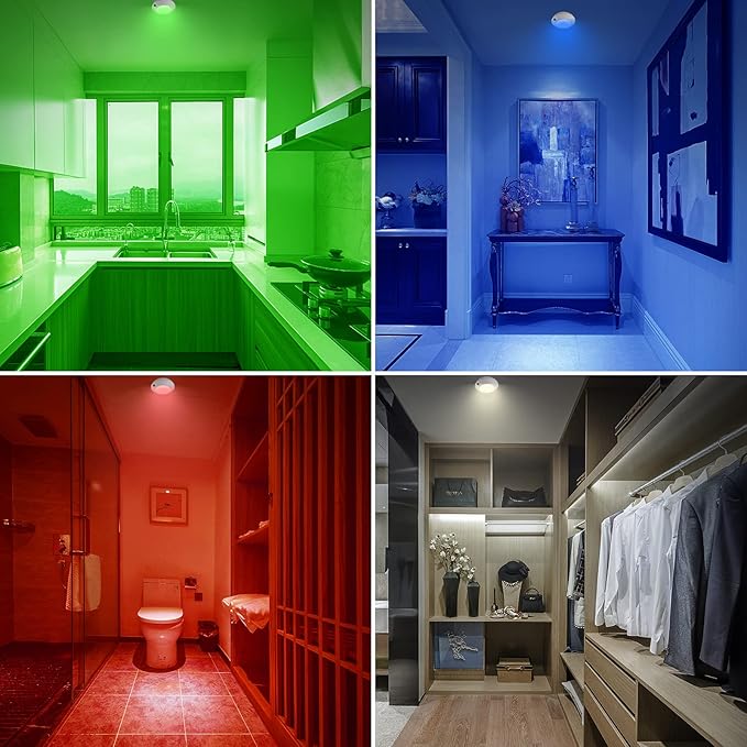 BIGLIGHT Battery Operated LED Ceiling Light, Remote Controlled, 12 Color Changing Mood Light, Hallway Lighting, Dimmable Night Light for Shower Closet Bedroom Corridor Bathroom, 2 Pack