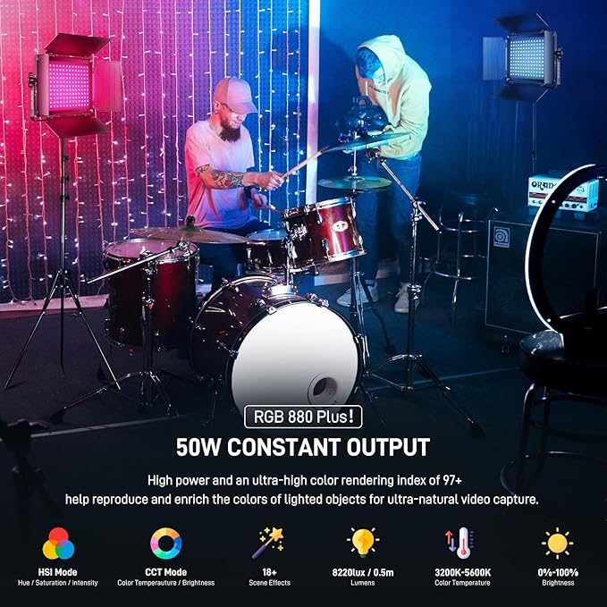 GVM RGB LED Video Light with Bluetooth Control, 60W Photography Studio Lighting Kit with Stands, 2-Packs 880RS Dimmable Led Panel Light for YouTube, Streaming, Gaming, 8 Applicable Scenes, CRI97