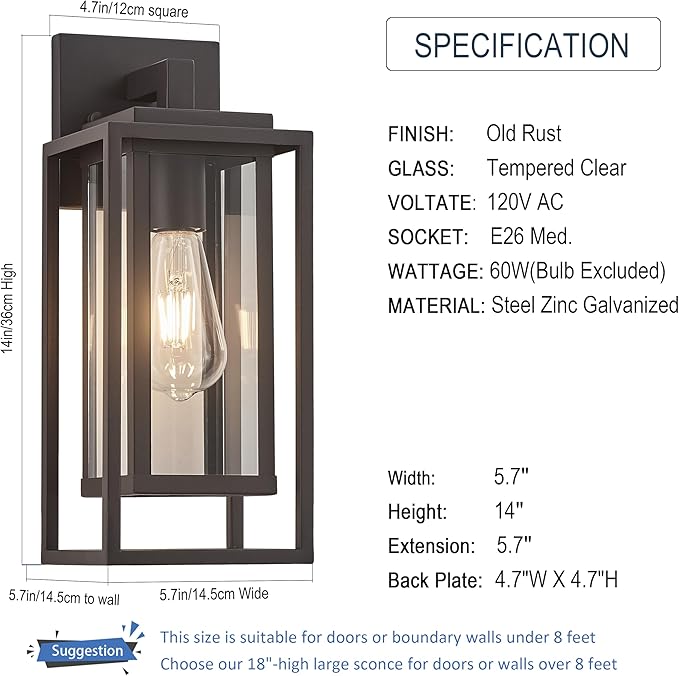 14" Outdoor Wall Light Fixtures Waterproofed Exterior Lantern W/Sturdy Rectangular Double Cage In Old Rust&Clear Tempered Glass,Sconce Mounted For House Patio,Front door,Porch,Yard, Lighting 2Pack