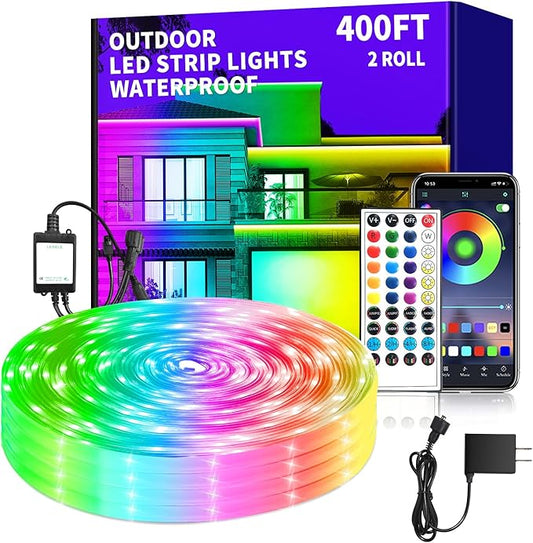 400ft Outdoor LED Strip Lights,IP68 Outside Led Light Strips Waterproof with APP/Remote Control,Music Sync RGB Outdoor Led Rope Lights for Bedroom Garden Staircase Parties（2 Rolls of 200ft）