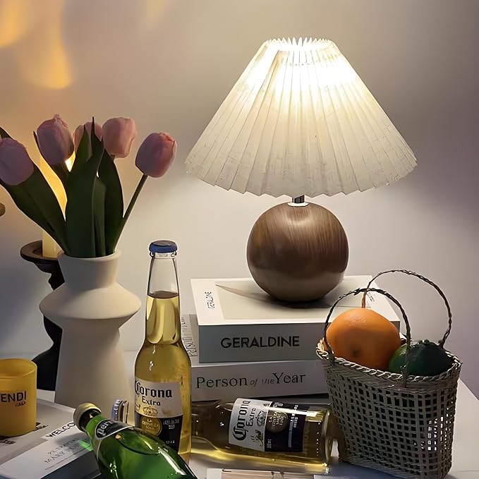 Ceramic Table Lamp for Bedroom, Small Space Pleated Cute Bedside Table Lamp with Switch, Night Light, Decor Desk Lamps for Living Room, Kids Room, Dorm, Office, Nursery with E26 LED Bulb