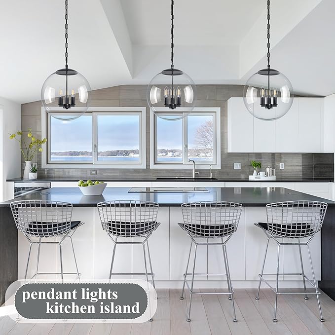 KoKo&Yukina 13.7" Black Globe Pendant Light Mid Century Pendant Light Clear Glass Pendant Lights Kitchen Island Adjustable Hanging Light Fixture for Dining Room Bedroom Kitchen Island