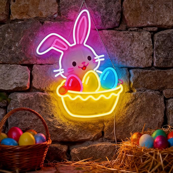 Easter Egg Basket Neon Sign with Bunny - Rabbit Holding Basket Wall Decor, 10-Level Dimmable LED Light, USB Powered Easter Basket Stuffers Gift, 15.7"x12.6"