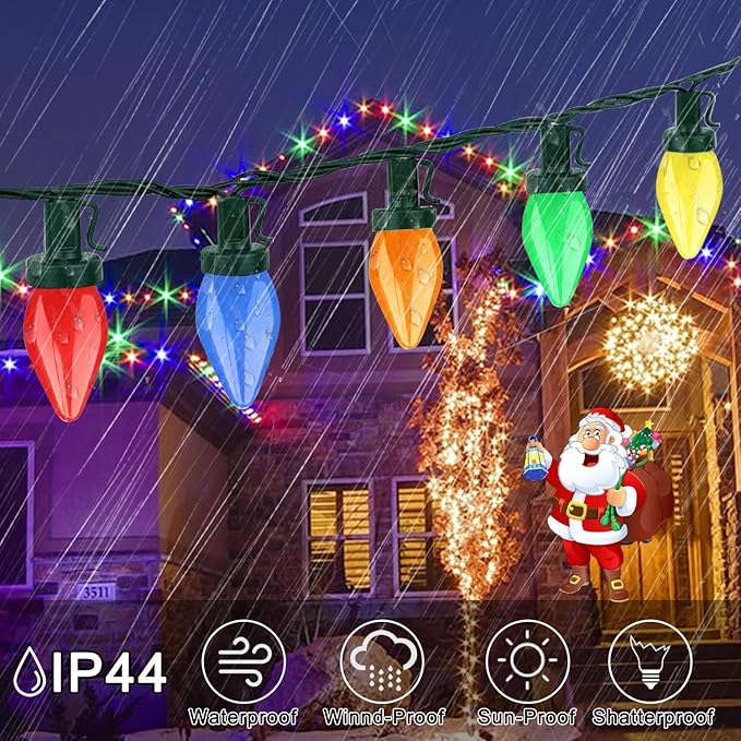 Couah C7 Christmas Lights, 24ft 50LED C7 Christmas Lights Battery Powered LED Battery Powered for Indoor Outdoor Xmas Tree Garden Patio Backyard Party Christmas Decorations