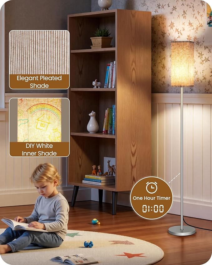 64.2'' Dimmable Floor Lamp for Living Room with Remote and Foot Switch, Corner Floor Lamp for Bedroom, Includes 10W A19 Bulb, Modern Standing Tall Lamp, ETL Listed Silver and Beige SE17LD05