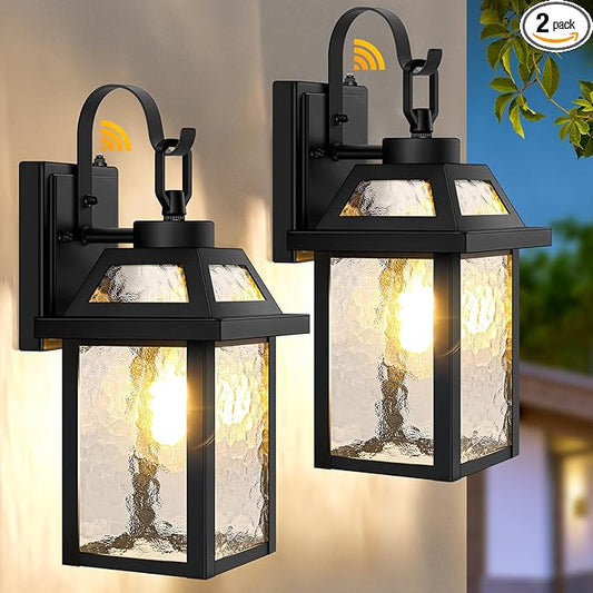 BesLowe Dusk to Dawn Outdoor Wall Lights, Exterior Lighting Fixtures Wall Mount, Porch Lights Outdoor Wall Sconces with Water Ripple Glass, Outside Lights for House Front Door Garage, 2-Pack