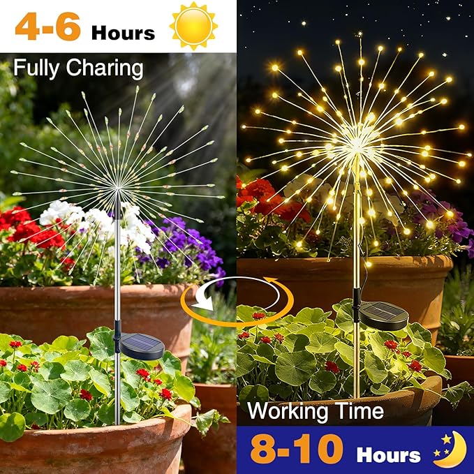 btfarm 2 Pack 120 LED Solar Garden Lights Outdoor, 8 Modes Firework Lights Solar Powered, Waterproof Twinkle Fairy Light Outside for Yard Patio Pathway Pool Christmas Party Decorative, Warm White