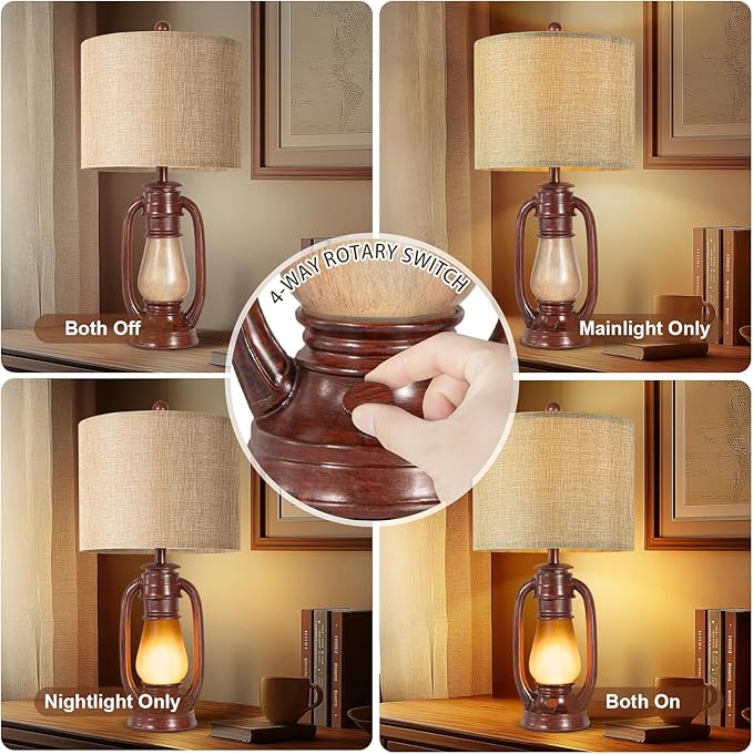 26'' Miner Table Lamps Set of 2 for Bedroom, Rustic Bedside Lamps with Nightlight, Farmhouse Lantern Nightstand Lamps with USB A+C Ports, Decor for Living Room, Study, Home Office (Bulb Included)