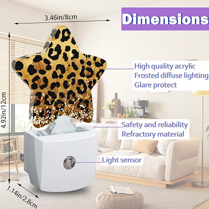 Energy Efficient Nightlights Plug in Wall, Leopard Prink Night Light for Kids Bedroom Decorative, Gold Glitter Dusk-to-Dawn Sensor Sleep Friendly Lamp for Nursery Bathroom Basement