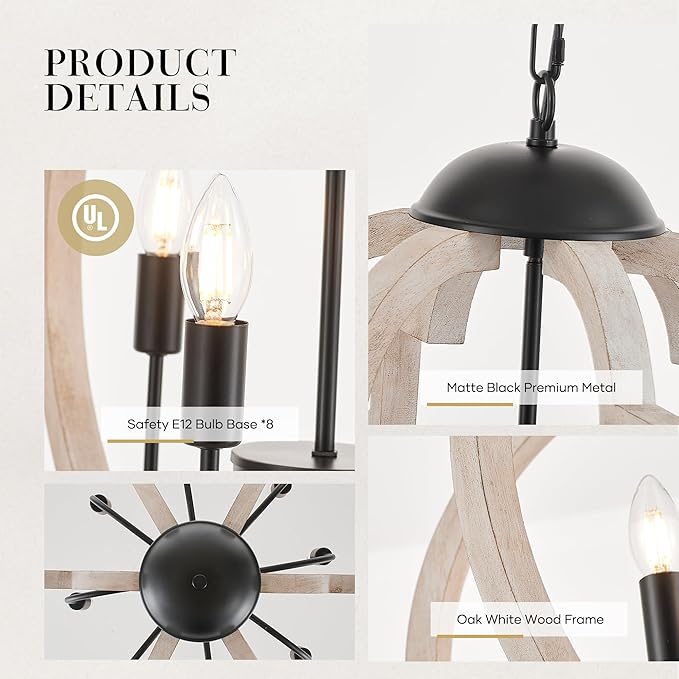 8-Light 30.5" Farmhouse Orb Chandelier Rustic Handmade Distressed White Wood Hanging Ceiling Pendant Light Fixture Wood Lantern Chandeliers for Dining Room Kitchen Bedroom Foyer Hallway