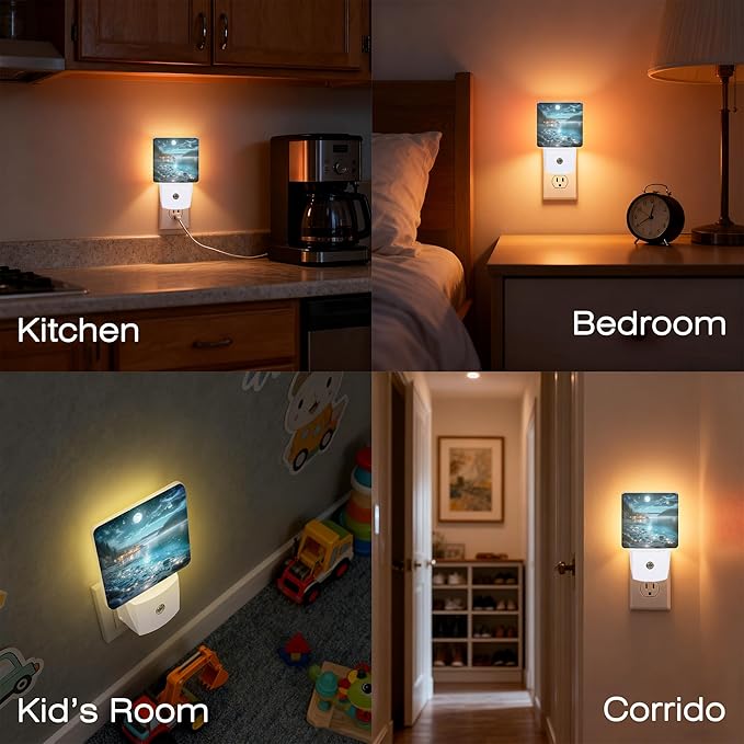 Full Moon and Sparkling Lake Night Light for Kids, Dusk-to-Dawn Auto Sensor Plug in Night Light, 0.5W Energy Saving Non-Toxic Design for Bedroom/Bathroom, Ideal Gifts for Women, Men & Kids
