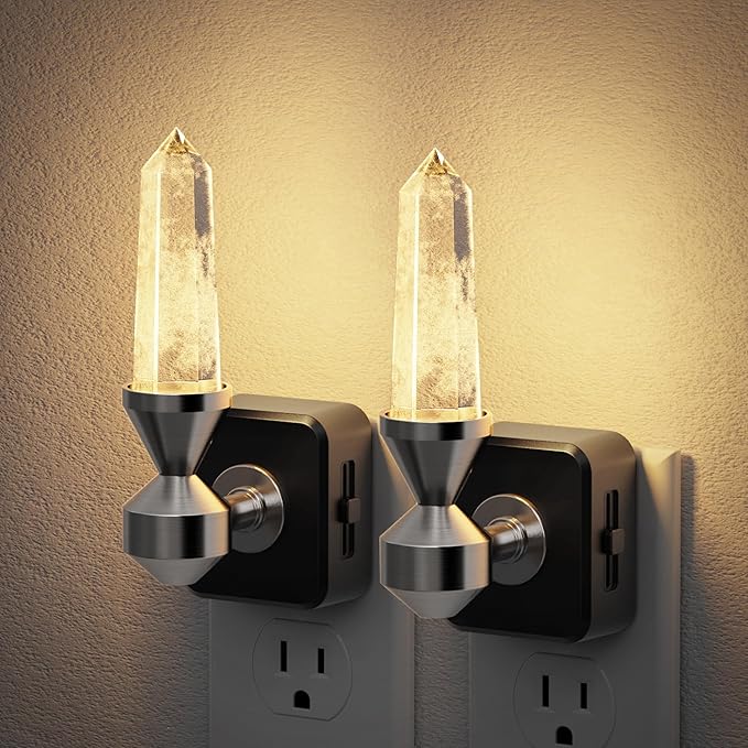 JandCase LED Night Light with Clear Quartz Healing Crystal Tower 2 Pack Dimmable Night Lights Plug into Wall, Warm Light 3000K, Dusk to Dawn Sensor Nightlights for Home Living Room Bedroom Decor