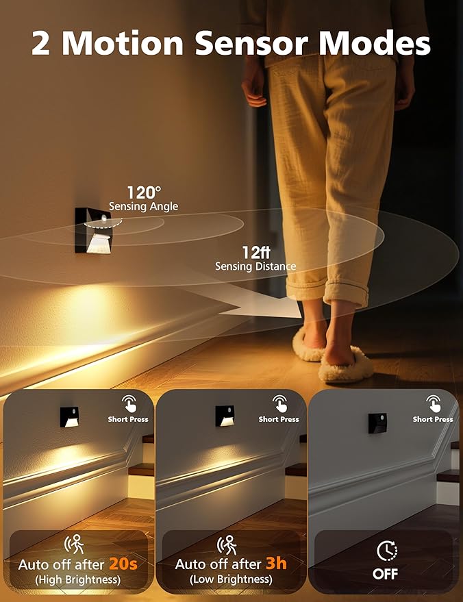 NIORSUN Motion Sensor Night Light, Rechargeable Stair Lights Indoor, 3 Colors and Motion Modes 2000mAh Battery Night Light with Light Sensor for Stairway, Hallway, Bathroom, Kitchen Black 6 Pack