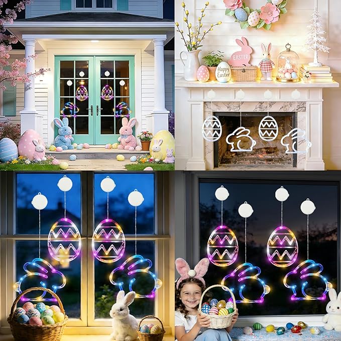 BHCLIGHT 4 Pack Easter Window Lights, Multicolor Bunny and Egg Lights, Battery Operated Easter Window Decorations Light up with Suction Cup and Timer Function for Indoor Window Glass Wall Party Decor