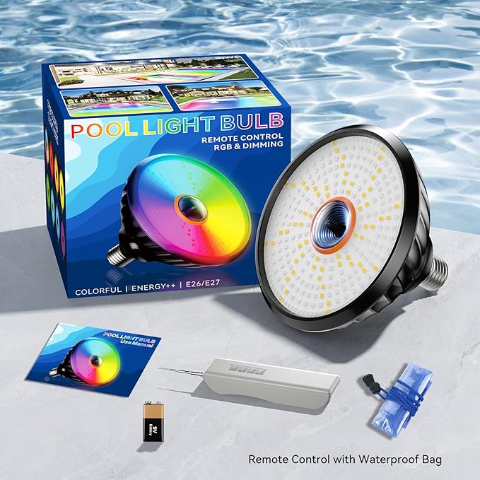 2025 Upgraded Pool Light Bulb, 120V 90W Color LED Pool Lights for Inground Pools, RGB Color-Changing & Remote Control, Enhanced Signal Coverage, E26/E27 Replacement for Pentair & Hayward, Matte Black